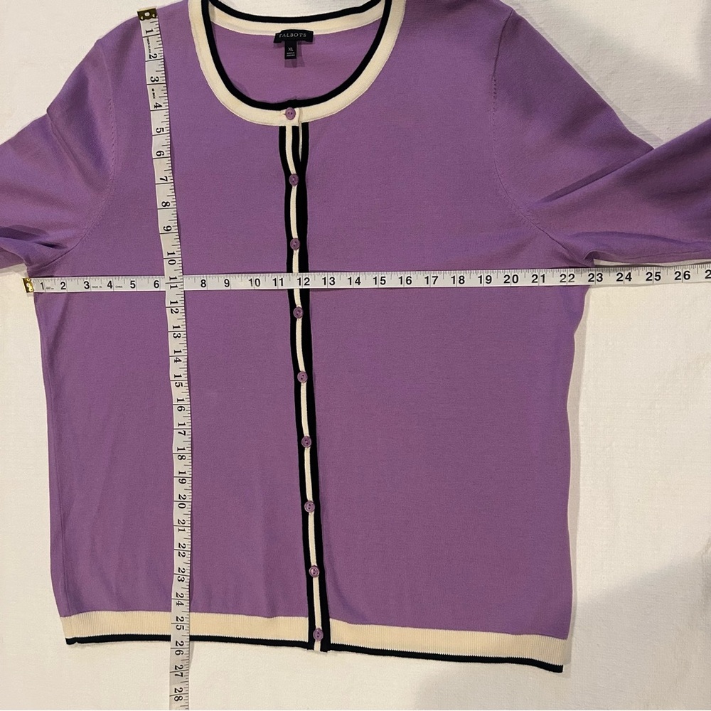 Talbots Charming Button Cardigan Lavender With Navy Cream Trim Details Size XL - Picture 7 of 9
